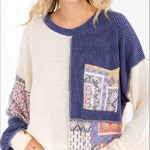 7th Ray Patchwork Colorblock Long Sleeve Top in Cream & Navy